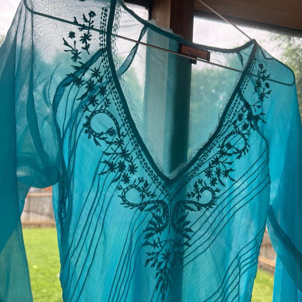 Vintage Y2K Turquoise Sheer Embroidered Bell Sleeve Tunic Top - Picture 3 of 12
